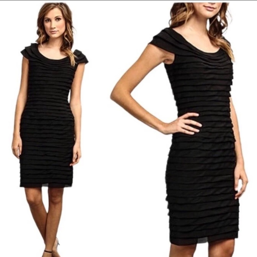 Adrianna Papell Women’s Black Ruffle Tiered‎ Shutter Pleat Cocktail Dress Size 6